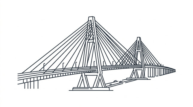 Modern Cable Stayed Bridge Structure Line Art Illustration.