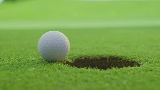Macro 4K video of a white golf ball rolling on a lush green putting green and stopping right on the edge of the hole, showcasing a dramatic near miss, suspenseful game, and sports concept.