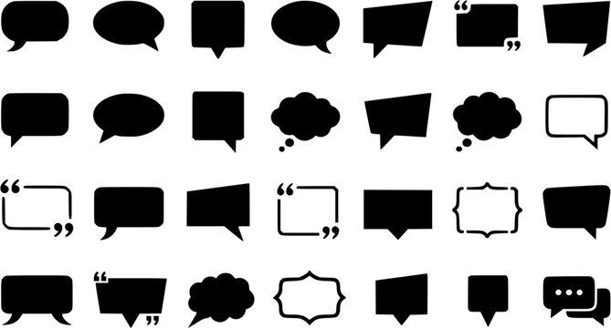 Set of speech bubble and thought cloud icons in various shapes and styles for communication and chat design