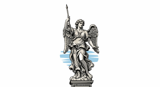 Stone angel figure with spear and laurel branch, against sky