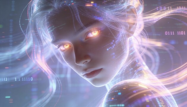 Holding female AI turning head in virtual space showing glowing amber eyes and floating binary bits