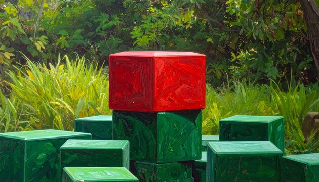 Glossy red cube among green cubes in lush garden, symbolizing individuality, contrast, creativity, and harmony between artificial geometry and organic natural surroundings.