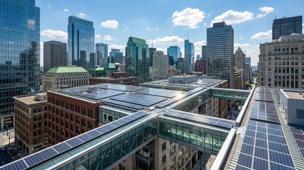 Fototapeta premium Modern urban cityscape with contemporary buildings featuring rooftop solar panels and skybridges on a sunny day