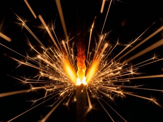 Obraz premium Close-up of a vibrant sparkler igniting, casting brilliant golden light and a shower of sparks in the darkness.