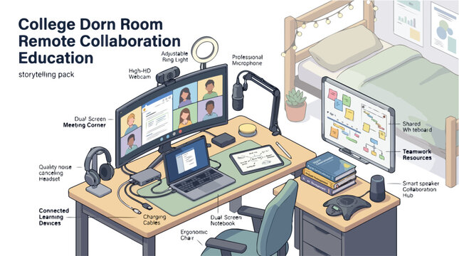 Isometric illustration of a modern college dorm room desk setup for remote education and online collaboration.