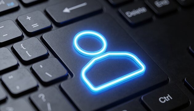 Focusing square keycap glowing neon-blue user icon on keyboard at desk, with Ctrl and Delete keys