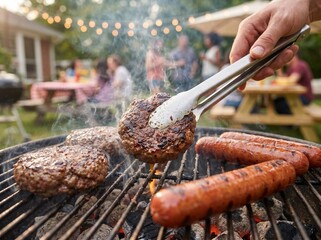 Close up of hand using tongs to grill beef burger patties and sausages on outdoor charcoal barbecue grill with smoke during summer party © Ryan Nagara