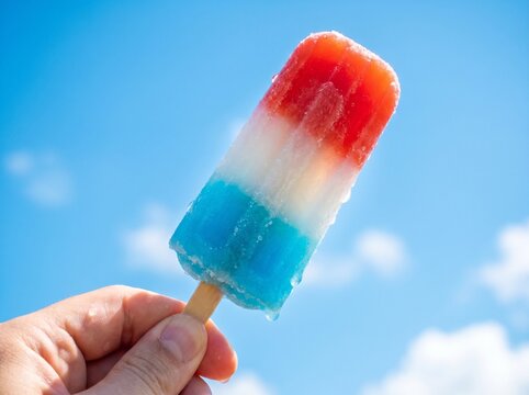 Close up of a hand holding a patriotic red, white, and blue popsicle against a bright blue sky on a sunny summer day