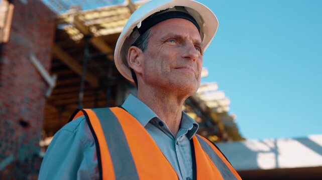 Construction, safety and thinking with man outdoor for planning, property development or vision. Hardhat, idea and ppe with mature developer on building site for architecture or civil engineering