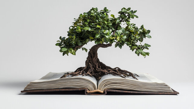 Creative tree sculpture growing from an open book on a light background