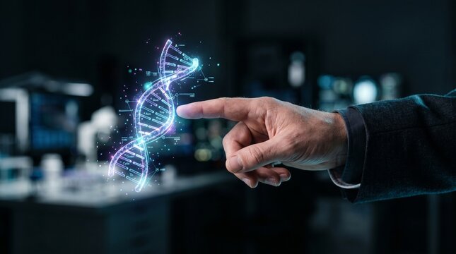 Scientist pointing at holographic DNA helix structure in digital laboratory