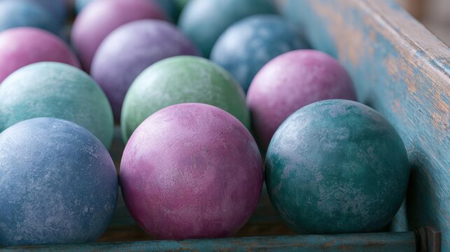Wooden crate filled with colorful easter eggs. the eggs are of different colors - pink, purple, green, blue, and light blue.