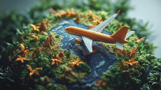 Model airplane flying over a miniature world of vibrant greenery and water
