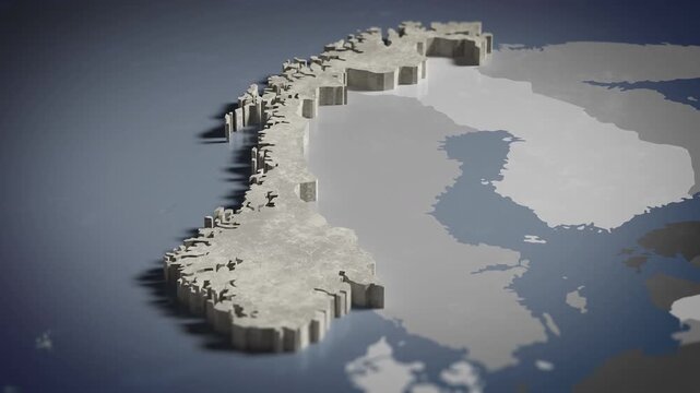 World map animation Birds eye view above Norway, Norwegian, Oslo, Europe, with highlighted country borders. Cinematic 3d world map animation highlights aerial views, 4k Video
