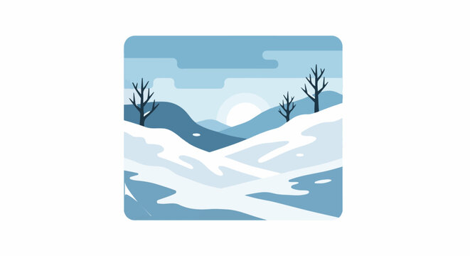 Stylized minimalist winter landscape with snow-covered hills and bare trees