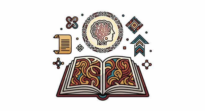 Stylized open book, brain in a circle, scroll, and geometric symbols