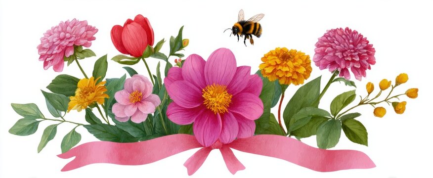 Vibrant garden flowers dance with a pink ribbon and a buzzing bee perfect for invitations.