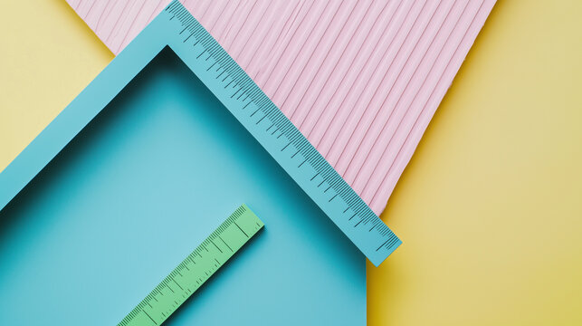Colorful geometric shapes and ruler on a vibrant background surface