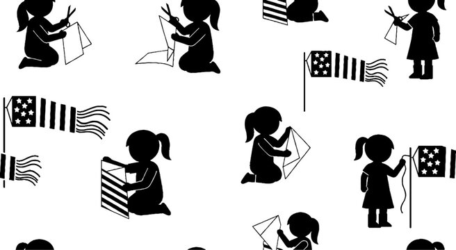 Silhouette Children Playing with Flags and Kites Pattern.