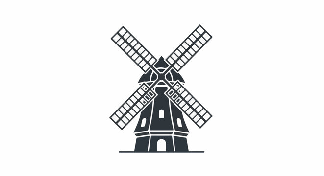 Stylized dark silhouette of a Dutch windmill on a white background
