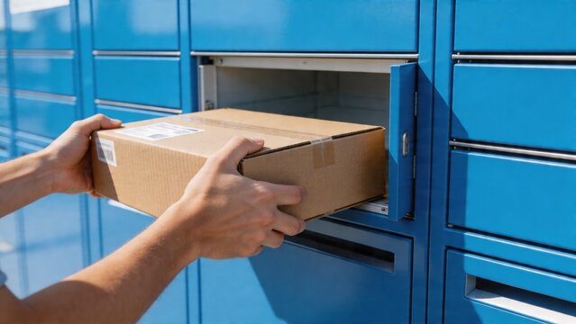 A person is placing a package into a secure blue delivery locker, showcasing a modern and efficient way of receiving shipments.