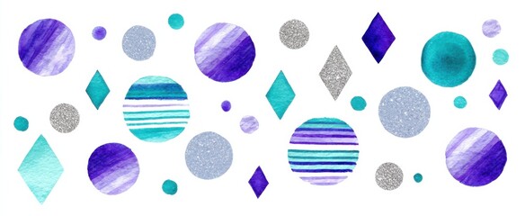 Obraz premium Vibrant watercolor moons stripes and diamonds in purple silver and teal for festive confetti elements