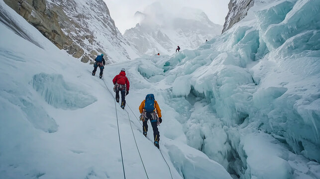 Climbers ascend icy terrain on a challenging mountain expedition in winter