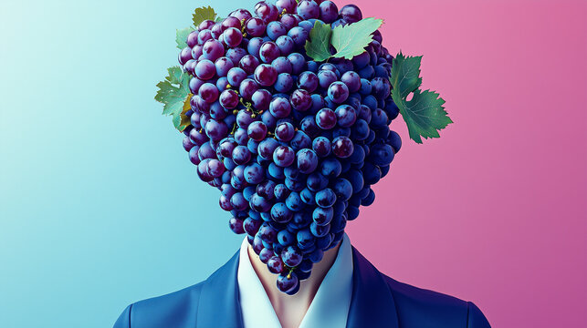 Person with a grape cluster head in a studio setting
