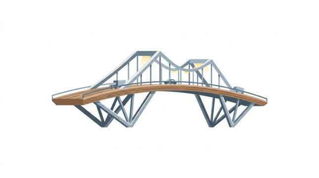 Modern steel and wood pedestrian bridge structure.