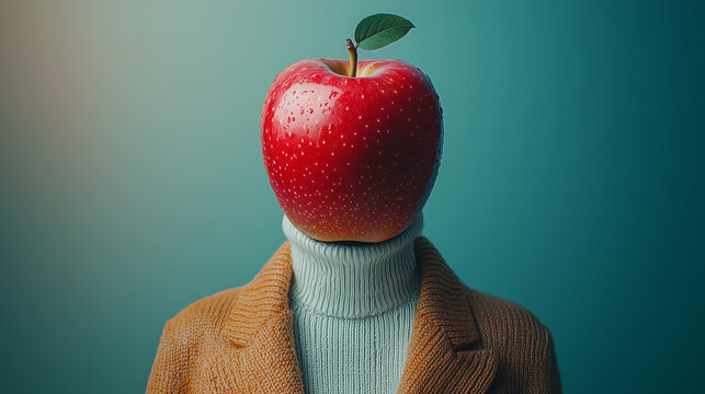 Creative conceptual art piece featuring an apple as a head on a model