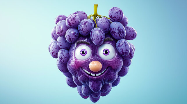 Whimsical purple grape character with a cheerful expression on blue background