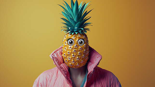 Unique character with pineapple head and vibrant jacket in bright setting