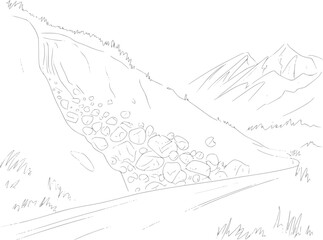 Fototapeta premium A black and white line depicting a dangerous landslide blocking a mountain road with large boulders
