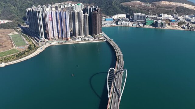 Aerial view of tseung kwan o cross bay link bridge in hong kong