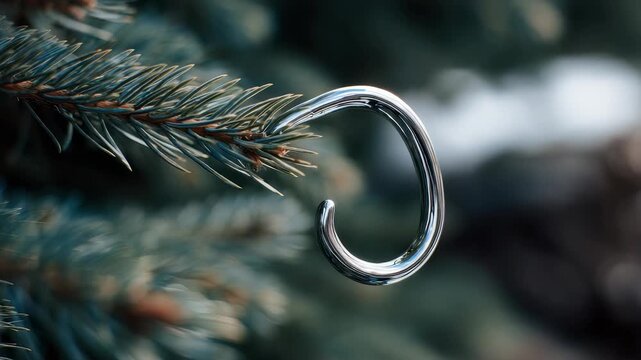 Closeup of a shiny metal hook hanging on a green pine tree branch, ready for a Christmas ornament. The blurred background creates a festive and cozy holiday atmosphere