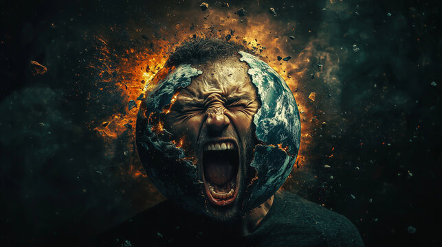 Man expressing intense emotion with the Earth exploding in the background