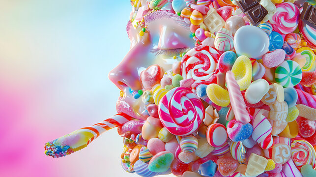 Creative display of colorful candies and sweets forming a human face