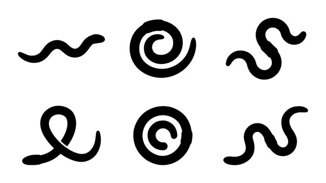 Set of six black snake illustrations in different poses and spiral shapes Vector