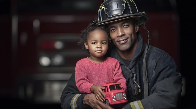 African American firefighter dad in full gear holding his young daughter with toy fire truck at fire station. Both smiling at camera. Father's Day hero career concept, copy space.