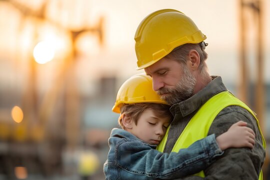 Caucasian construction dad in yellow hard hat and vest hugging his young son also in hard hat at building site. Golden hour light. Father's Day builder career concept, copy space.