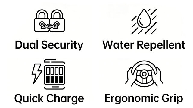 Double locks, water droplets, and steering wheel grip represent dual waterproof fast charging technology, suitable for digital accessories and in car electronic products.
