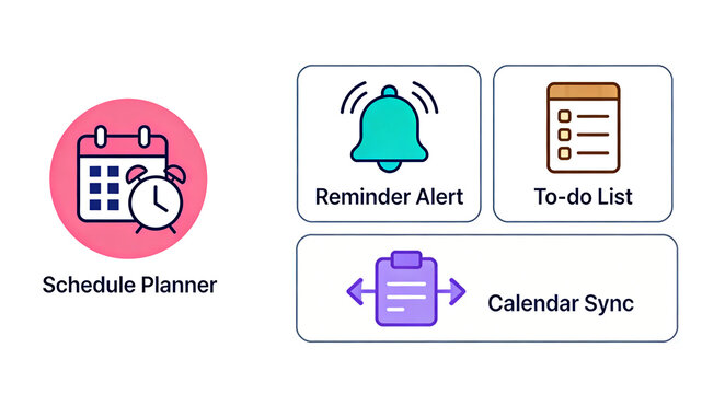 Calendar alarm clock, reminder bell, and to-do list represent synchronous reminders for schedule planning, suitable for time management apps and office software.
