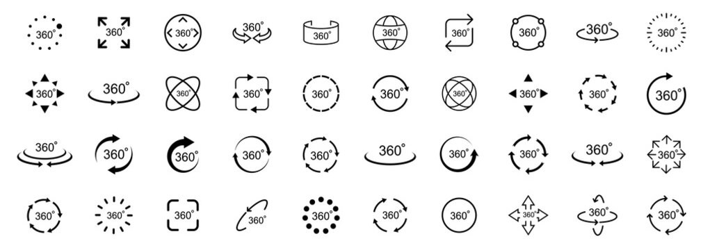 360 degree views. Arrows set. Rotate symbol.  Circle icons set.  Signs with arrows to indicate the rotation or panoramas to 360 degrees. Vector illustration.