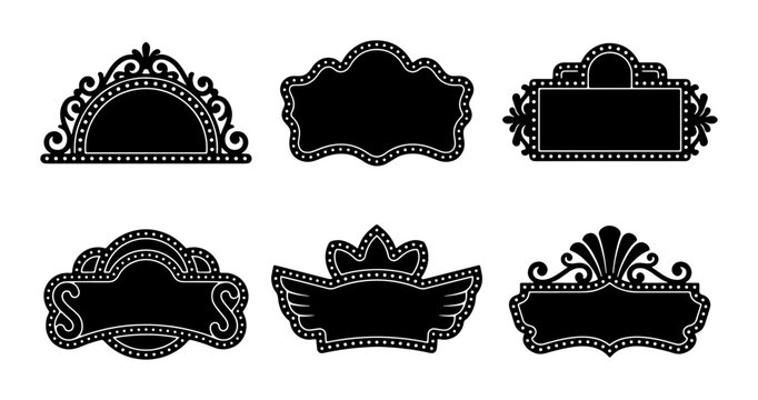 Set of six ornate black decorative frames and labels with vintage flair Vector