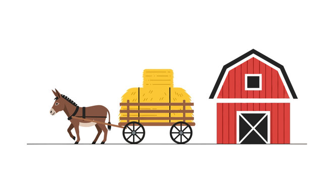Brown Donkey Pulling Hay Wagon.