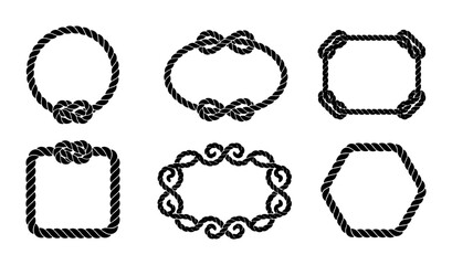 Set of nautical rope frames and borders with knots, circular, oval, square, and hexagonal shapes Vector © MSTRANI