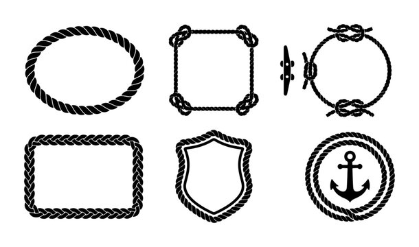 Nautical rope borders and frames with anchor and cleat icons Vector