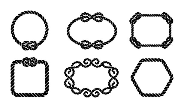 Set of nautical rope frames and borders with knots, circular, oval, square, and hexagonal shapes Vector