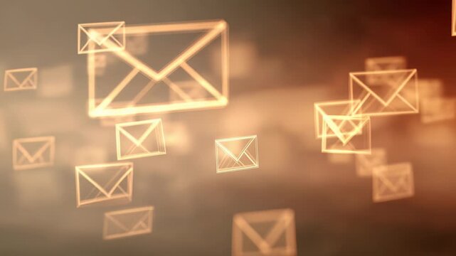 Multiple glowing digital envelopes float in blurred abstract background, symbolizing modern email communication, fast information exchange. Futuristic mail icons represent connectivity, technology