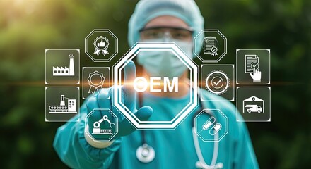 A doctor in protective gear interacts with a digital interface displaying OEM icons and symbols related to industry and technology
